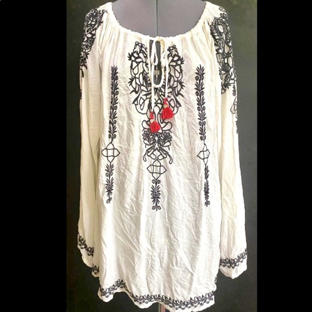 NEW BIYA JOHNNY WAS CREAM WHITE POET PEASANT TOP BLOUSE BLACK OPEN EMBROIDERY S
